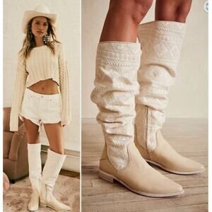 Free People Bren Textile Slouch Boots Embroidered Ivory SZ 11